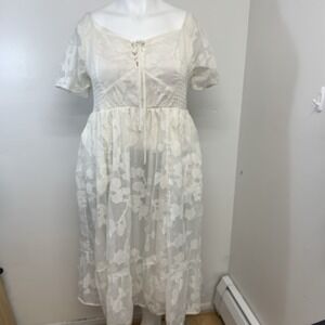 Torrid Coquette Lace Up Midi Dress White Emboss Floral Puff Sleeve Smocked 2X